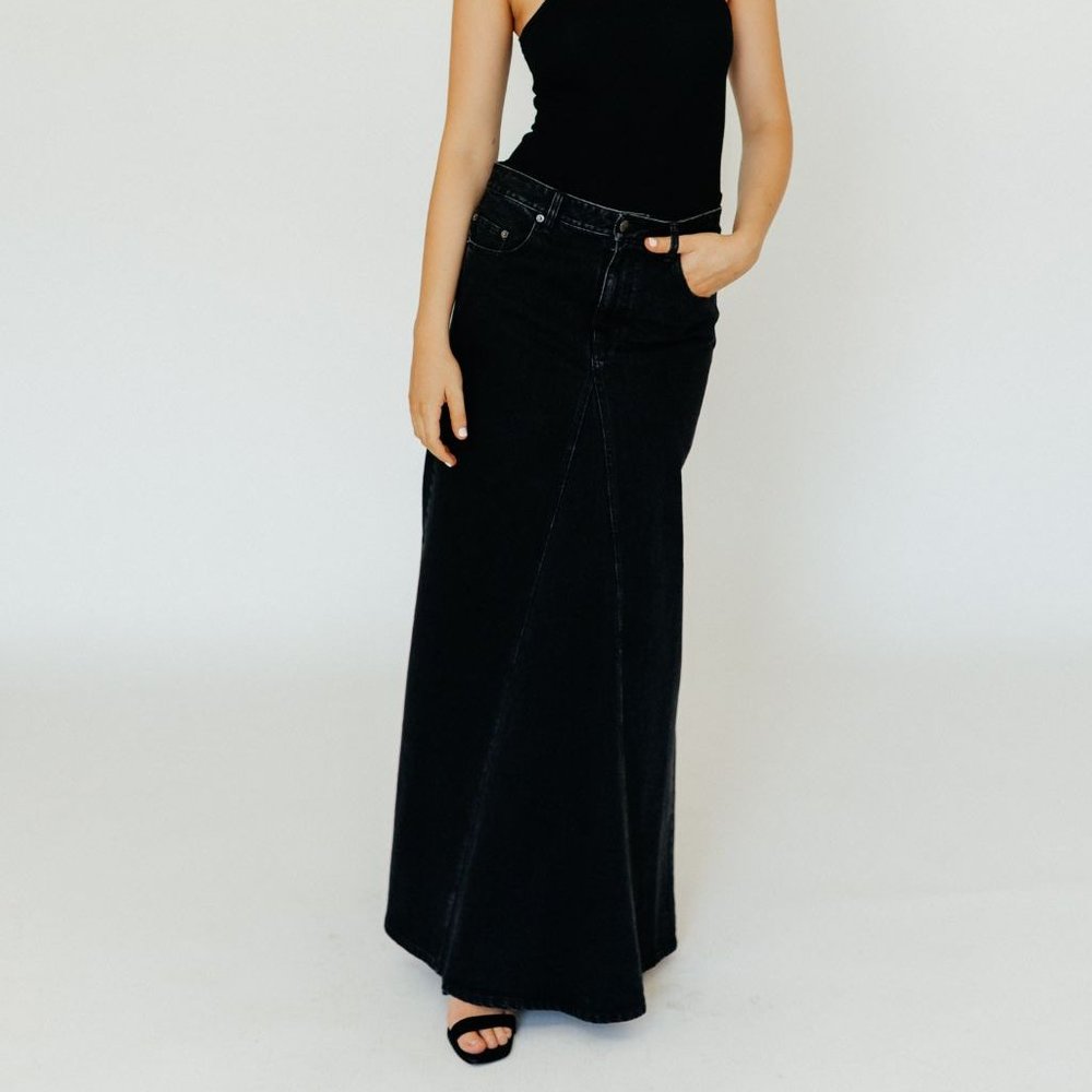 Tibi Black Denim Godet Maxi Skirt